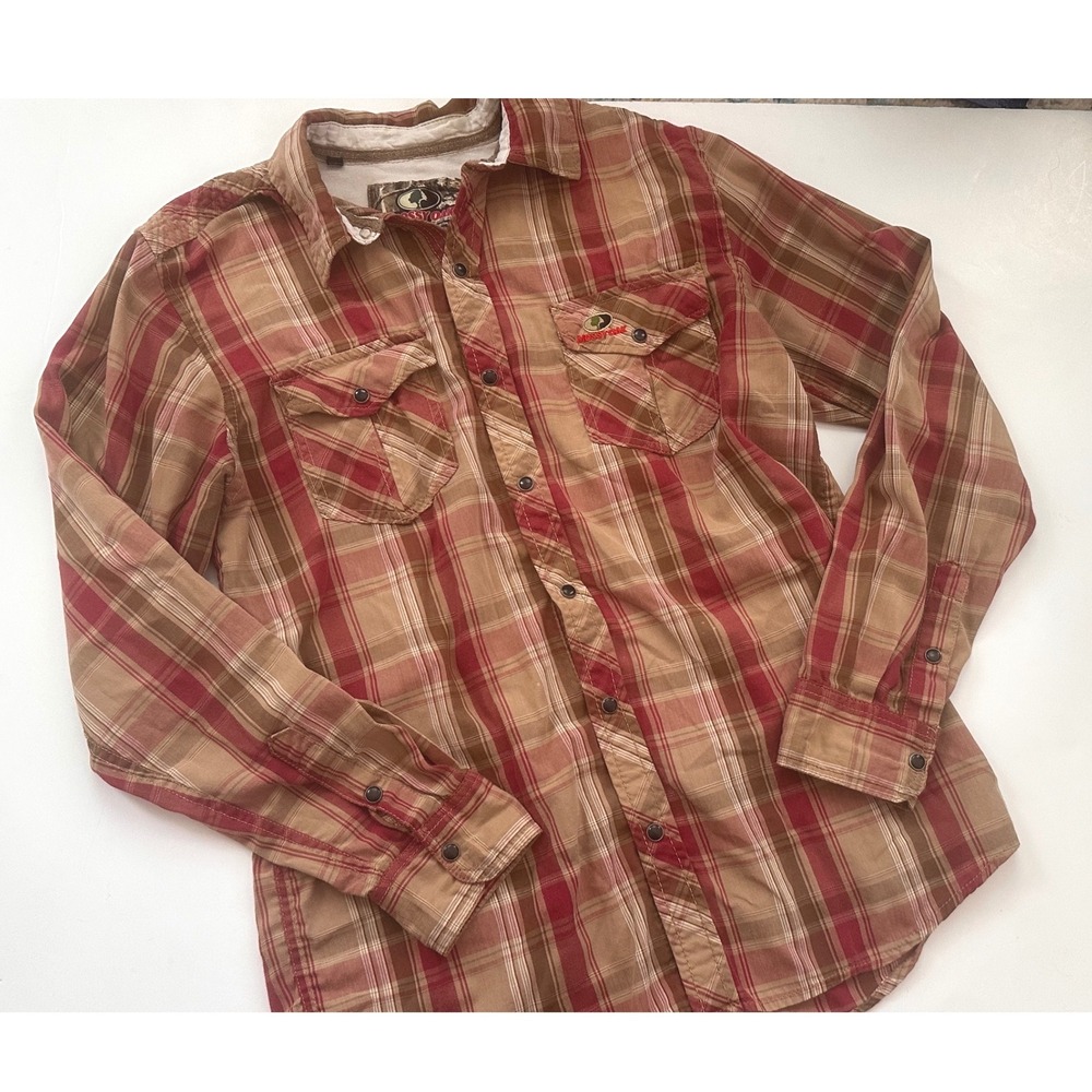 Mossy Oak Mens Plaid Snap Front Long‎ Sleeve Shirt Red Tan Brown Medium Outdoor